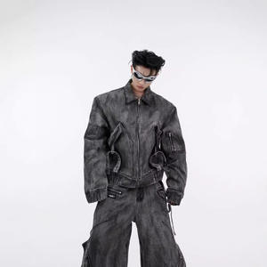 High Quality Oversized Men Baggy Gray Denim 2 Piece Set Cargo Pocket Vintage Washed Man <b>Tracksuit</b> Set - Product Image 1