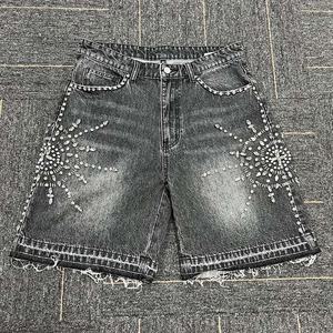 Pantalones Cortos de Mezclilla Personalizados Unisex Estilo Y2K, Tipo Cargo, con Pedrería, 5 Bolsillos, Color Negro Claro, para Invierno, Ecológicos, Estilo Urbano - Product Image 1