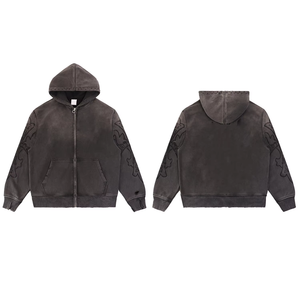 Survêtement à capuche décontracté brodé en molleton épais 100 % coton délavé style vintage, coupe oversize, pour la vente en gros - Product Image 4
