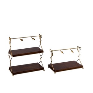 Support à gâteau en métal fait main en forme de cage à oiseaux, 2 niveaux, finition dorée avec étagères en bois, présentoir décoratif - Product Image 2
