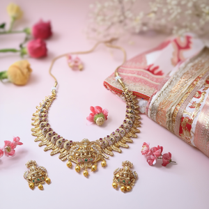 Luxury Bridal Pearl Gold Polish Lakshmi Necklace Set in Copper - Product Image 1