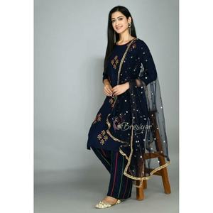 TRENDING RAYON BORDADO TRABAJO TOP PALAZZO CON DUPATTA AZUL MARINO - Product Image 1