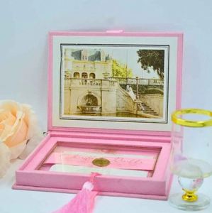 Caja de invitación de boda de terciopelo rosa rubor de alta calidad con invitación de acrílico transparente a precio de oferta por exportador - Product Image 1