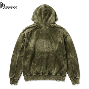 เสื้อฮู้ดดี้โอเวอร์ไซส์สีเขียวมะกอกแบบย้อมสีเอซิดคุณภาพสูงสั่งทำขายส่ง  เสื้อฮู้ดดี้สตรีทแวร์แบบย้อมสีเอซิดขาดๆ แบบดิสเทรส - Product Image 2