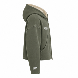 WIDA SPORTS Olive Green Hooded Zip-Up Crop <b>Jacket</b> <b>Fleece</b> <b>Lined</b> Oversized Casual Unisex Winter Sweatshirt - Product Image 3