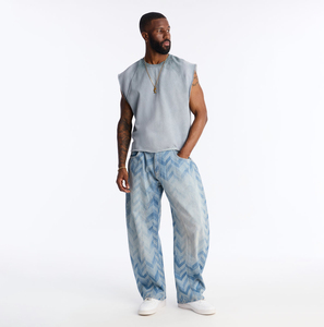 Jeans de Mezclilla Lavados con Efecto Desgastado para Hombre, Corte Ancho, Estampado Geométrico, Ajuste Holgado, Cintura Media, Algodón, Estilo Casual de Verano - Product Image 1