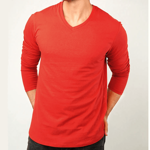 T-shirt décontracté pour homme, col en V, manches longues, tricoté, coupe ajustée, couleur unie, style uni - Product Image 1