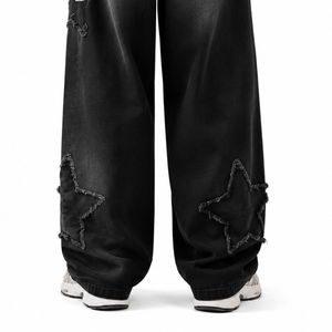 Jean baggy noir délavé surdimensionné pour homme, coupe large, en denim déchiré avec patch brodé blanc, style streetwear - Product Image 6