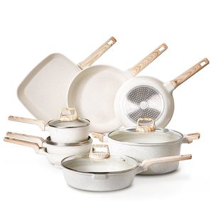 Set pentole e padelle da cucina a induzione antiaderente in granito bianco da 19 pezzi - Product Image 1