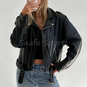 แจ็คเก็ตหนังแท้ผู้หญิงทรงโอเวอร์ไซส์บางเบา สไตล์ไฮสตรีท ปิดด้วยซิป ทนทาน นุ่มสบาย ทันสมัย กันลมสำหรับฤดูหนาว - Product Image 2