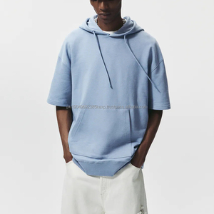 Personalizado French Terry University sudadera lisa al por mayor sudaderas con capucha verano cielo azul hombro caído manga corta Sudadera con capucha hombres - Product Image 2