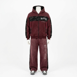Men Burgundy <b>Black</b> Camouflage <b>Zip</b> <b>Up</b> <b>Hoodie</b> Tracksuit Set Loose Fit Streetwear Panel Design Custom OEM ODM Wholesale - Product Image 3