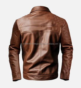 Veste en cuir de motard tan pour hommes avec fermeture à glissière Style hiver décontracté fini - Product Image 4
