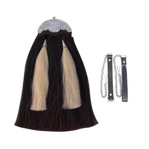 Sporran escocés de gala hecho de crin de caballo negra con borlas blancas y un cantle niquelado. - Product Image 1