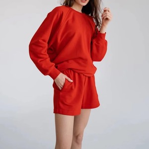 2026 Women's <b>Red</b> 2 Piece Sweatshirt Set O Neck Long Sleeve Loose Fit Casual Solid Color Knitted Shorts <b>Suit</b> Spring Summer Wear - Product Image 5