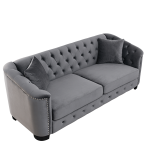 Canapé Chesterfield moderne en velours 3 places de 77 pouces pour salon, avec dossier capitonné et accoudoirs cloutés, 2 coussins, élégant Livi - Product Image 6