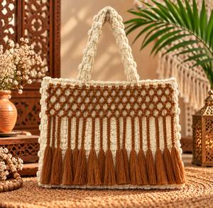 Handmade Knotted Tote <b>Bag</b> with Brown <b>Fringe</b> Tassels, Bohemian Woven Cotton Handbag for Women, Casual Beach Shopper <b>Bag</b> - Product Image 2