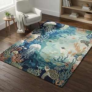 Tapis d'intérieur sur le thème marin, design tortue de mer, méduse, corail, tapis tufté à la main, tapis de salon côtier, décoration de sol moderne inspirée de l'océan - Product Image 2