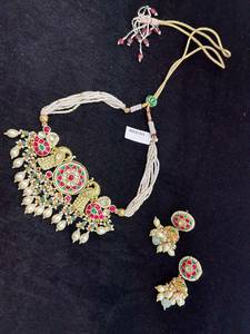TISHYA DIAMOND Gold Plated Copper Alloy Brilliant Cut Ruby Imitation <b>Pearl</b> Tassel Necklace Earring <b>Set</b> Ethnic Wedding <b>Jewelry</b> - Product Image 3