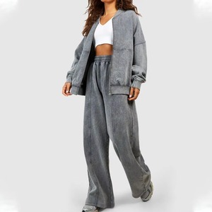 Ensemble de survêtement streetwear délavé à l'acide pour femmes et hommes, veste zippée et pantalon large, décontracté, hiver, conception 2-en-1 personnalisée OEM - Product Image 1