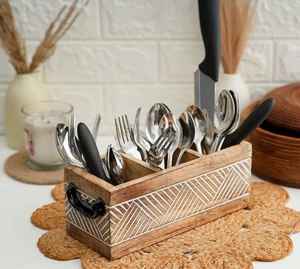 Organizador de Cubiertos de Madera de Acacia, Bandeja para Cajón de Cocina, Porta Utensilios, Caja de Almacenamiento de Cubiertos de Madera con 4 Compartimentos - Product Image 3