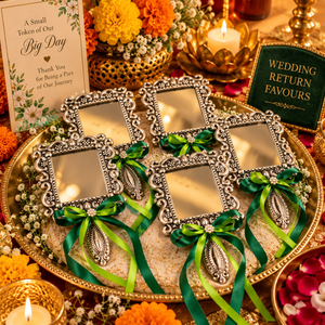 Miroir à main en argent allemand avec ruban vert, miroir de courtoisie rectangulaire avec ruban vert, cadre décoratif traditionnel Desi - Product Image 3