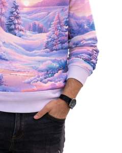 Sweat-shirt personnalisé imprimé en 3D avec paysage d'hiver violet rose, col rond décontracté pour homme, sublimation personnalisée, haut d'automne et d'hiver - Product Image 6
