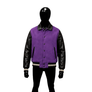 Blouson universitaire PREMIUM violet et noir pour homme, manches en cuir, en laine avec manches et col en cuir PU noir, coupe classique, décontracté, automne - Product Image 1