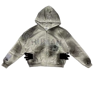 Antique Customized Spray Rhinestone Zipper up Hoodie Cropped Boxy Zip up Hoodies <b>for</b> <b>Man</b> Patch Work Hoodie - Product Image 1