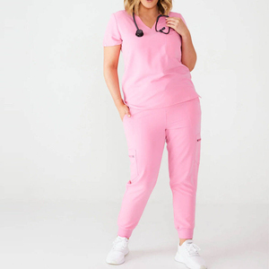 Women <b>Pink</b> Scrub Set V-Neck Top Jogger Pants Hospital Uniform Cotton Polyester Woven Scrubs - Product Image 5