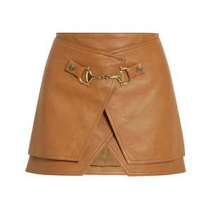 Jupe courte en cuir à taille haute pour femme avec ceinture décorative, couleur unie, style toutes saisons - Product Image 1