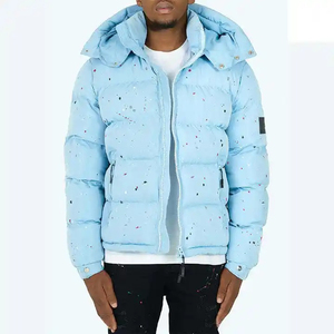 <b>Light</b> Blue Hooded Puffer <b>Jacket</b> With Dot Print Windproof Winter Coat Regular Fit Unisex Casual Outerwear - Product Image 6