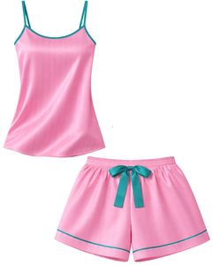 Pink Teal Satin Women Pajama Set Silk Sleepwear <b>Spaghetti</b> <b>Strap</b> Cami And Shorts Soft Luxury Nightwear Summer Lounge Set - Product Image 1