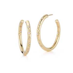 Diamond <b>Hoop</b> Earrings Round Lab Grown Diamond Hand Engraved Star Setting 26mm <b>Large</b> Pipe <b>Hoops</b> Earrings Wholesale 14k 18k Gold - Product Image 3