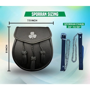 Pochette de kilt écossais Sporran en cuir véritable noir de qualité supérieure, avec emblème trèfle et trois pompons, sangle à chaîne, style traditionnel des Highlands - Product Image 2