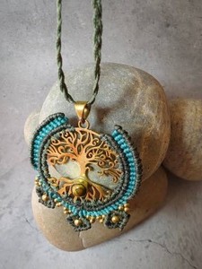 Handmade Macrame Tree Of Life Pendant Necklace Brown Cotton <b>Wax</b> Thread Ethnic Beaded Choker Unisex - Product Image 2