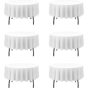 6 Pack White 70-Inch Tablecloths Fit 30\" 54\" <b>Tables</b> Circle Bulk Linen Polyester Fabric Washable Cloth <b>Cover</b> for Weddings - Product Image 1