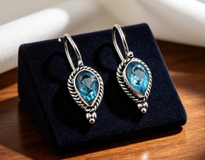 Pendientes de Plata de Ley 925 con Topacio Azul, Diseño Vintage de Gota de Agua, Joyería para Uso Diario de Mujer - Product Image 1