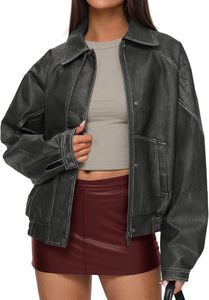 Blouson Bomber Unisexe en Cuir PU Écologique Imprimé en Relief, Col Rabattu, Fermeture Éclair, Coupe Courte Décontractée, Couleur Unie, Automne - Product Image 6