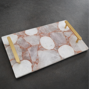 Plateau de rangement rectangulaire en marbre avec poignées en métal doré, design moderne, accessoire de table pour salon - Product Image 6