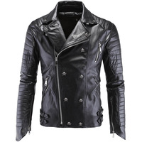 Veste matelassée en cuir de vachette noir pur, col montant, logo frontal, style urbain, doublure en spandex écologique, manches longues pour homme