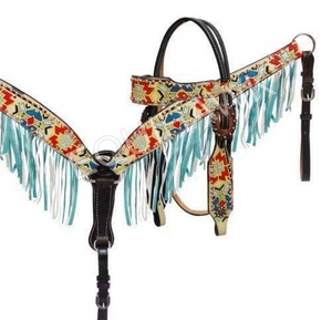 Pechera de cuero occidental personalizada y arnés de cuero a juego con flecos. Cabezada y pechera de cuero occidental premium. - Product Image 2