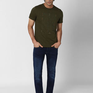 T-shirt à manches courtes pour homme, vert olive, col rond, coupe classique, couleur unie, vêtement décontracté, jersey en coton tricoté - Product Image 4