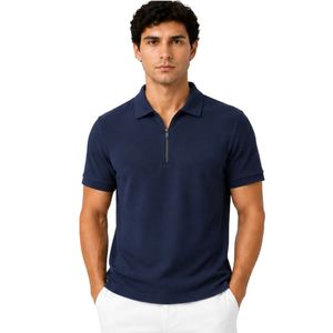 Polo zippé en maille gaufrée bleu marine personnalisé pour homme – Respirant, manches courtes, pour le golf, le tennis, décontracté, performance, vêtement de sport - Product Image 1
