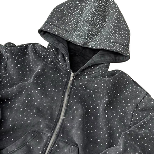 Sudadera con Capucha Gris para Hombre, con Cierre de Cremallera, Estampado de Puntos de Diamantes de Imitación, Manga Regular, Felpa Francesa de Algodón, para Otoño - Product Image 3