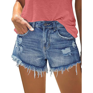 Hem Denim Shorts With Subtle Ripping On <b>Thighs</b> Mid Rise Vintage Light Wash Distressed Denim Shorts - Product Image 3