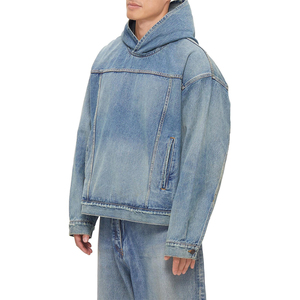 Sweat-shirt à capuche unisexe en denim délavé épais, coupe oversize, en coton, style streetwear décontracté, automne, éco-responsable - Product Image 3