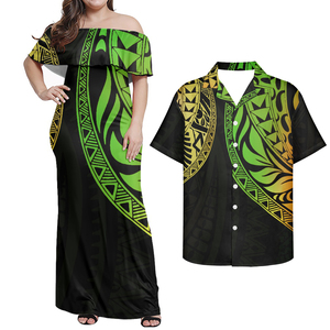 Matching Couple Outfit Evening <b>Dresses</b> Party <b>Hawaii</b> Polynesian Tribal Plumeria Floral Print Women Ruffle Off Shoulder <b>Dress</b> - Product Image 2