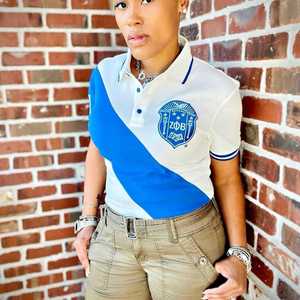 เสื้อโปโลเซต้า ฟี เบต้า พรีเมียม 20 สีน้ำเงิน ปักลายตัวอักษรกรีกสีขาว เสื้อโปโลผู้หญิง สวมใส่สบาย ทันสมัย - Product Image 5