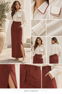 Fournisseur OEM professionnel - Ensemble 2 pièces décontracté d'été en lin/coton : Haut blanc uni à manches longues et jupe longue fendue marron ajustée - Product Image 4